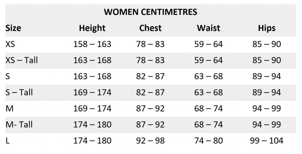 Women sizing chart - centimetres
