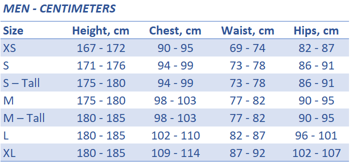 size in cm